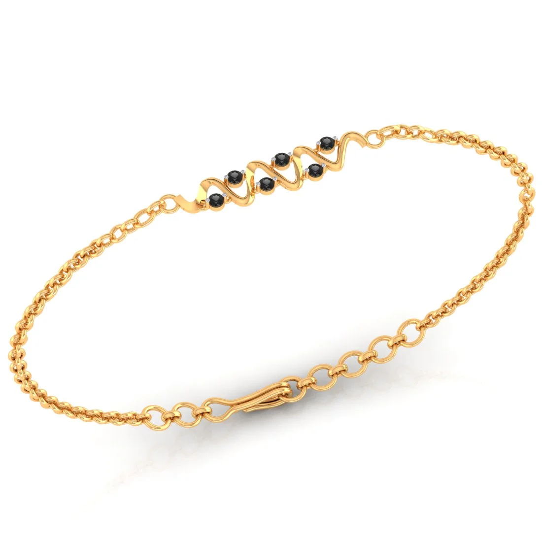 14K (585) Gold Bracelet With Wavy Design And Black Stones - Image 2