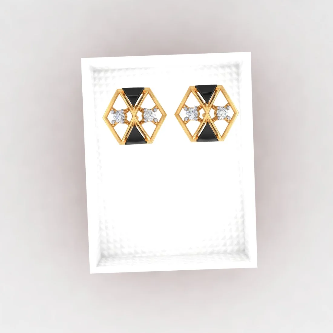 14k (585) Gold Earrings 3d Hexagonal Shape Having Central X Design With Black Meena And Embdded Stones - Image 5