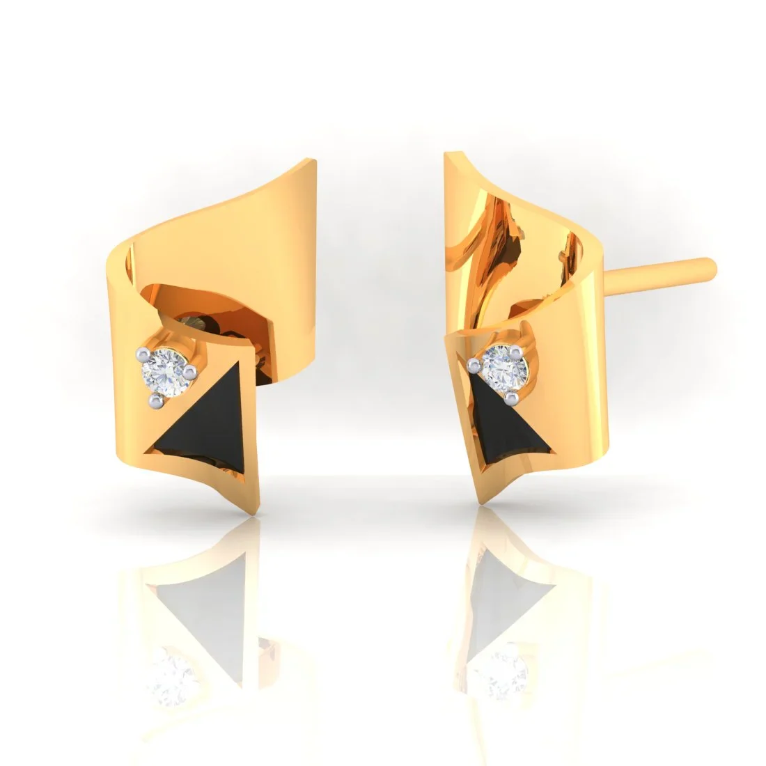 14k (585) Gold Earrings Curved Triangle Studs With Black Meena And Embedded Stones - Image 2
