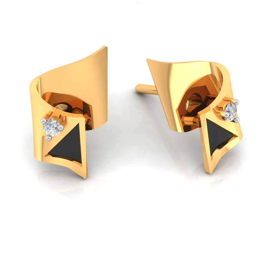 14k (585) Gold Earrings Curved Triangle Studs With Black Meena And Embedded Stones - Image 3