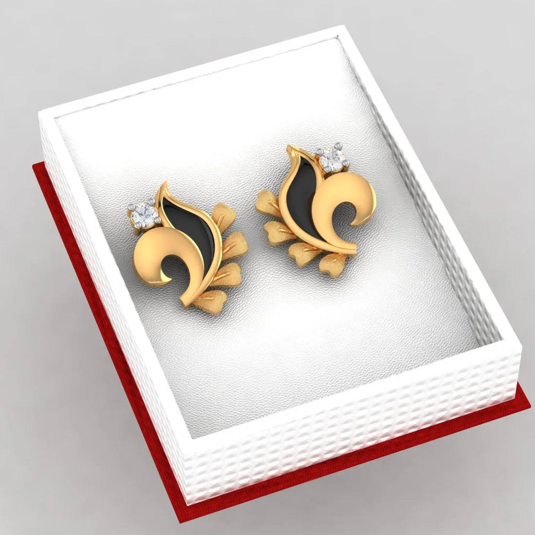 14k (585) Gold Earrings Floral Studs With Black Meena And Embedded Stones - Image 5