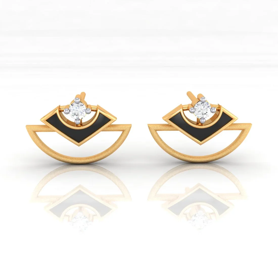 14k (585) Gold Earrings Geometric Studs With Black Meena And Embedded Stones