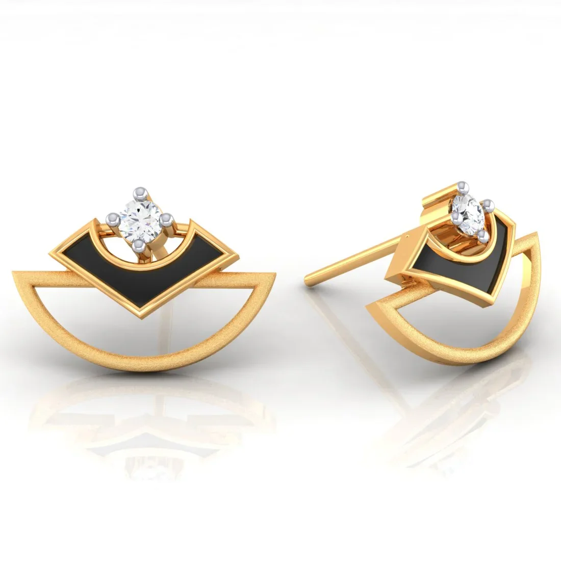 14k (585) Gold Earrings Geometric Studs With Black Meena And Embedded Stones - Image 3