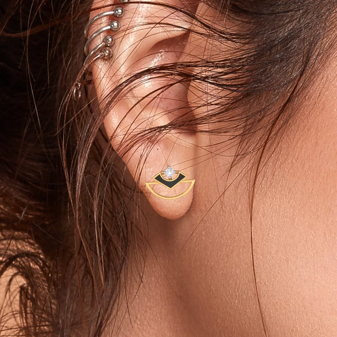 14k (585) Gold Earrings Geometric Studs With Black Meena And Embedded Stones - Image 4