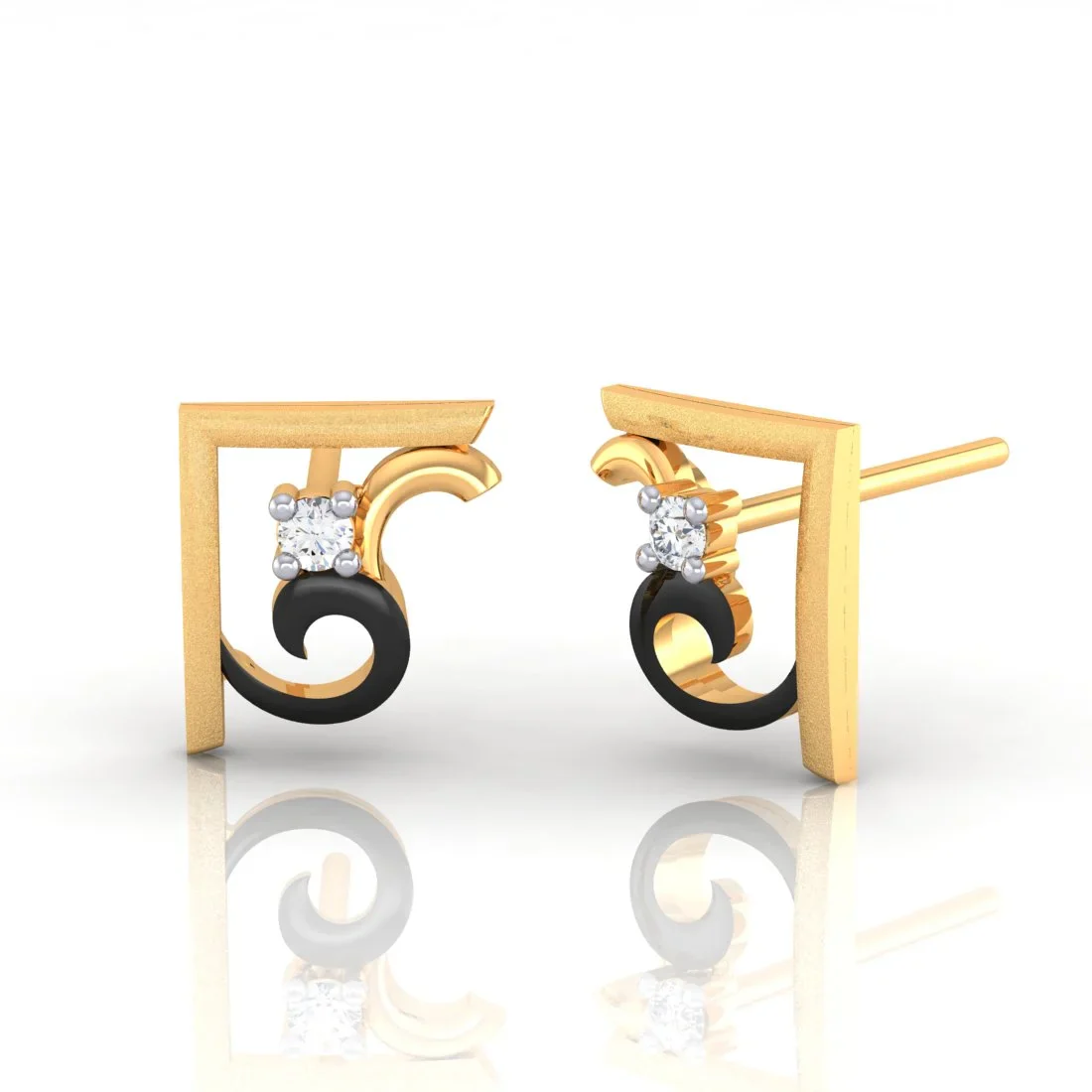 14k (585) Gold Earrings Geometric Swirl Studs With Black Meena And Embedded Stones - Image 2