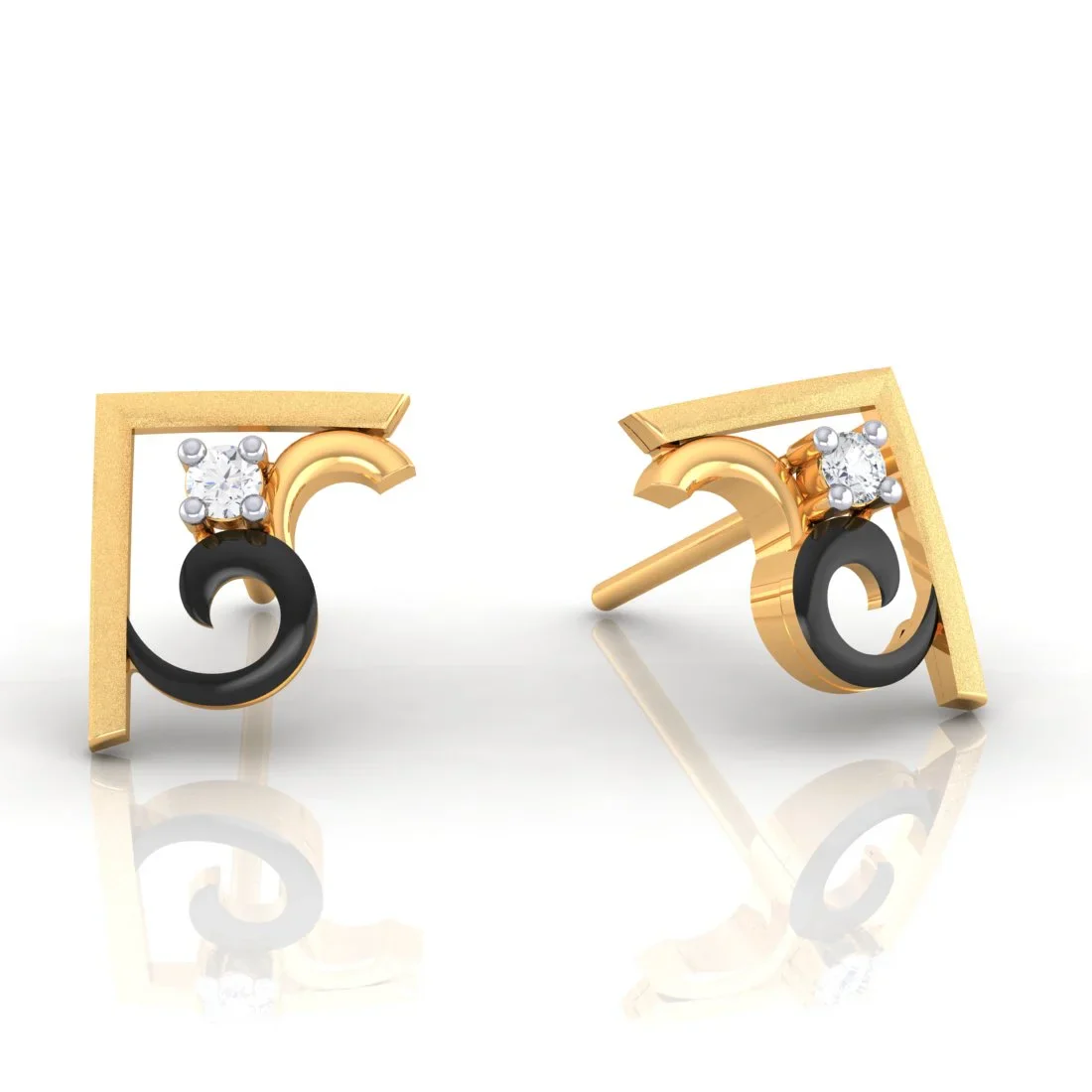 14k (585) Gold Earrings Geometric Swirl Studs With Black Meena And Embedded Stones - Image 3