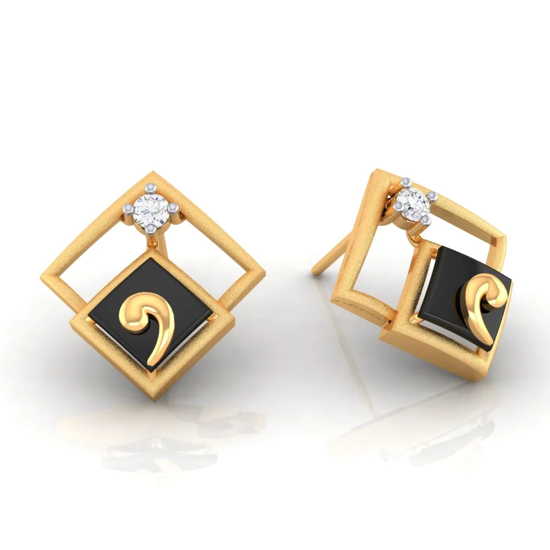 14k (585) Gold Earrings Having Diamond Shape Frames And Black Meena With An Embedded Stone - Image 2