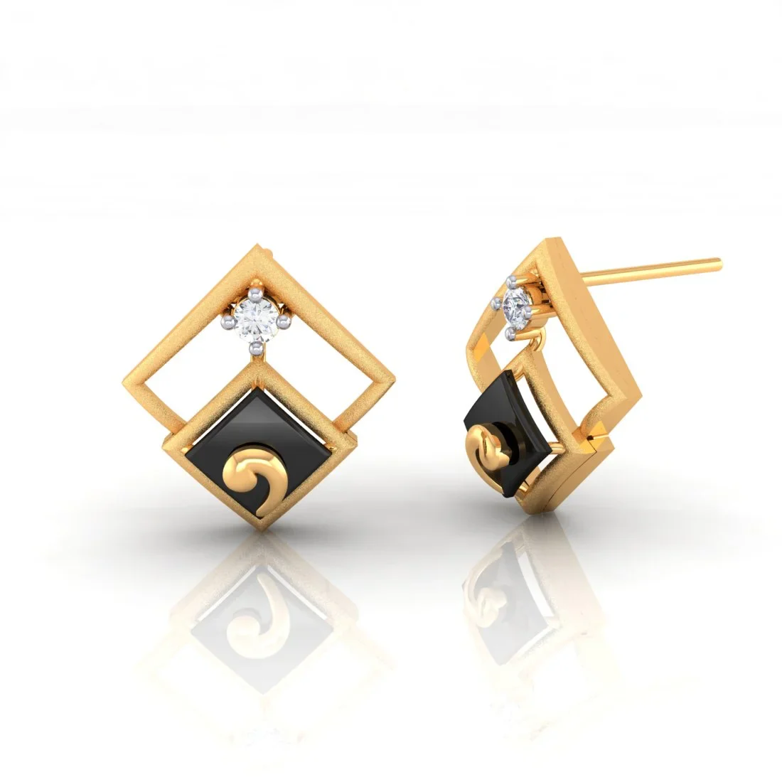 14k (585) Gold Earrings Having Diamond Shape Frames And Black Meena With An Embedded Stone - Image 3