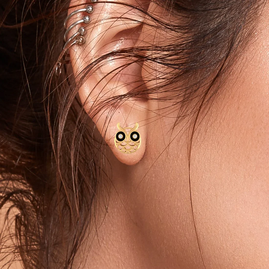 14k (585) Gold Earrings Owl Studs With Black Meena And Embedded Stones - Image 5