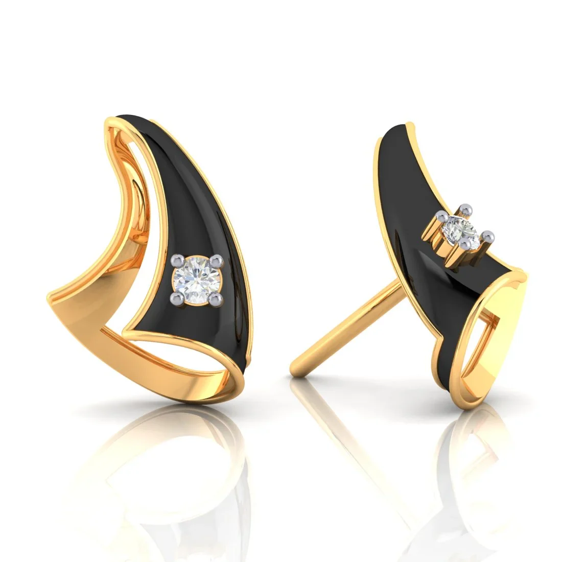 14k (585) Gold Earrings Ship Sail Studs With Black Meena And Embedded Stones - Image 2