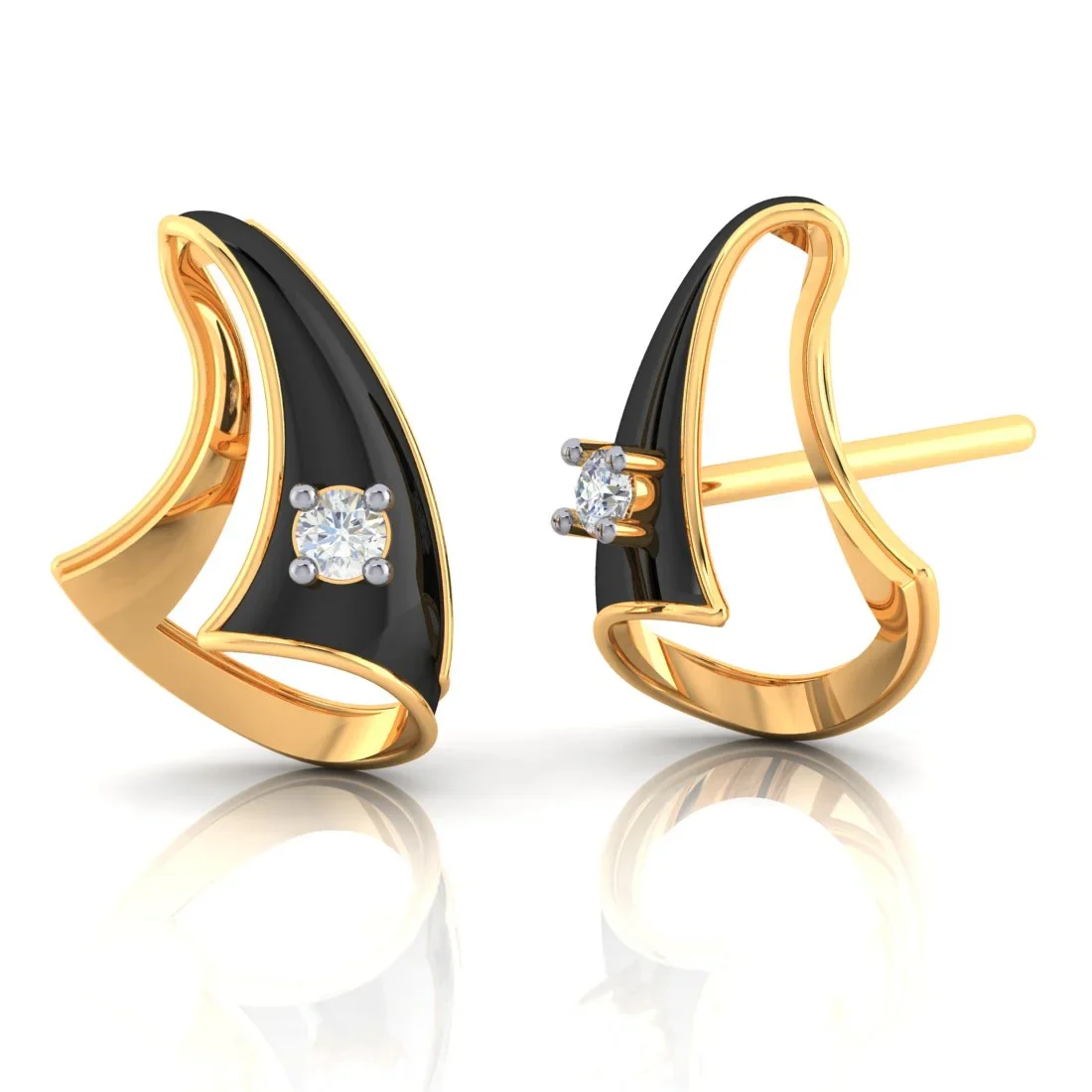 14k (585) Gold Earrings Ship Sail Studs With Black Meena And Embedded Stones - Image 3