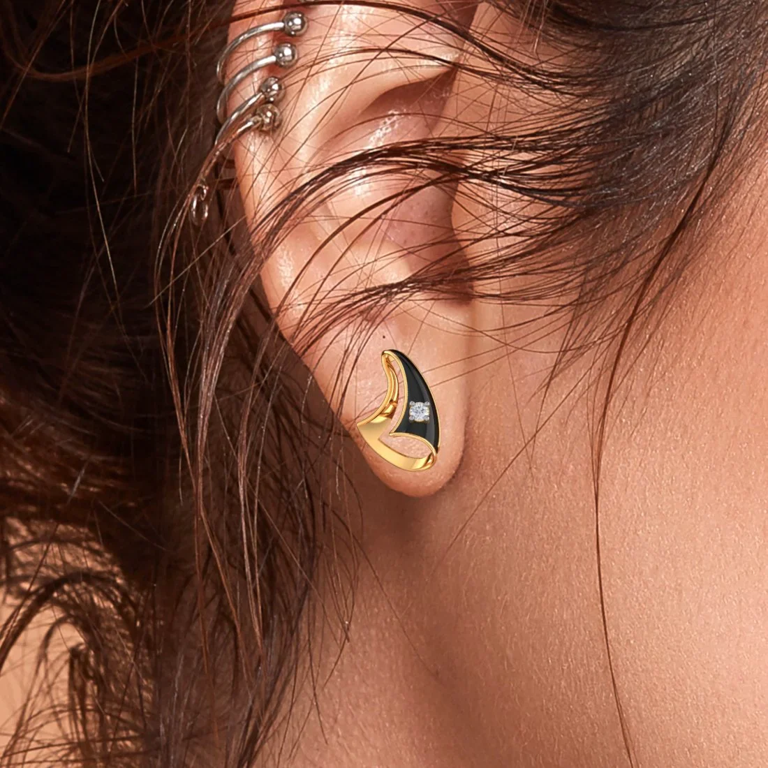 14k (585) Gold Earrings Ship Sail Studs With Black Meena And Embedded Stones - Image 6