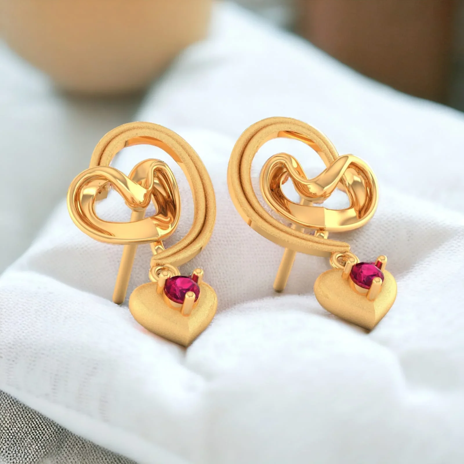 14k (585) Gold Earrings Swirling Design With Heart Shaped Dangles And Embedded Stones - Image 2