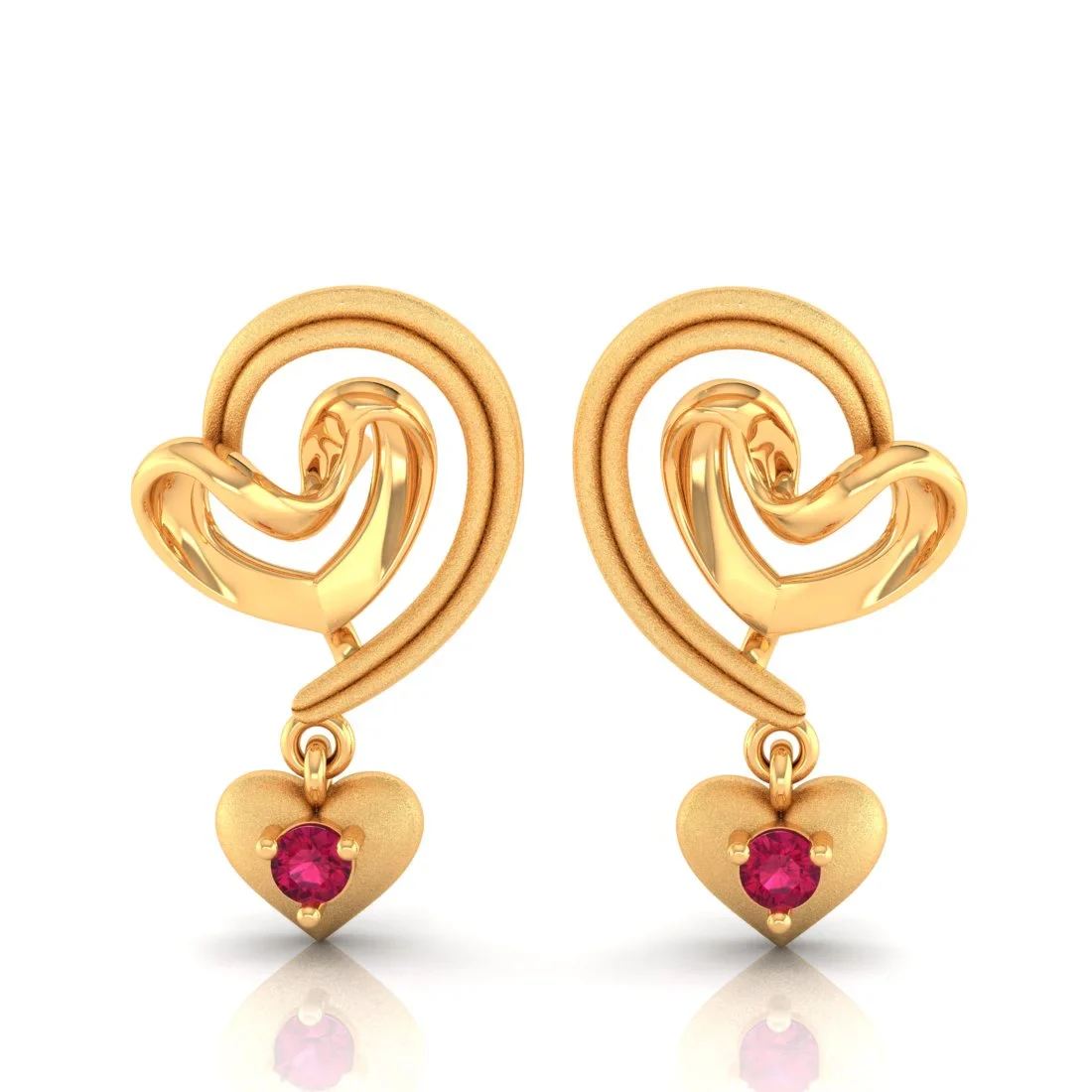 14k (585) Gold Earrings Swirling Design With Heart Shaped Dangles And Embedded Stones - Image 3