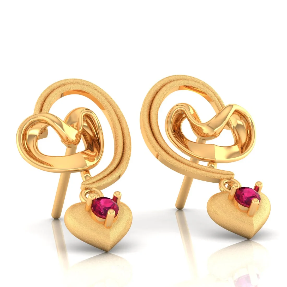 14k (585) Gold Earrings Swirling Design With Heart Shaped Dangles And Embedded Stones - Image 4