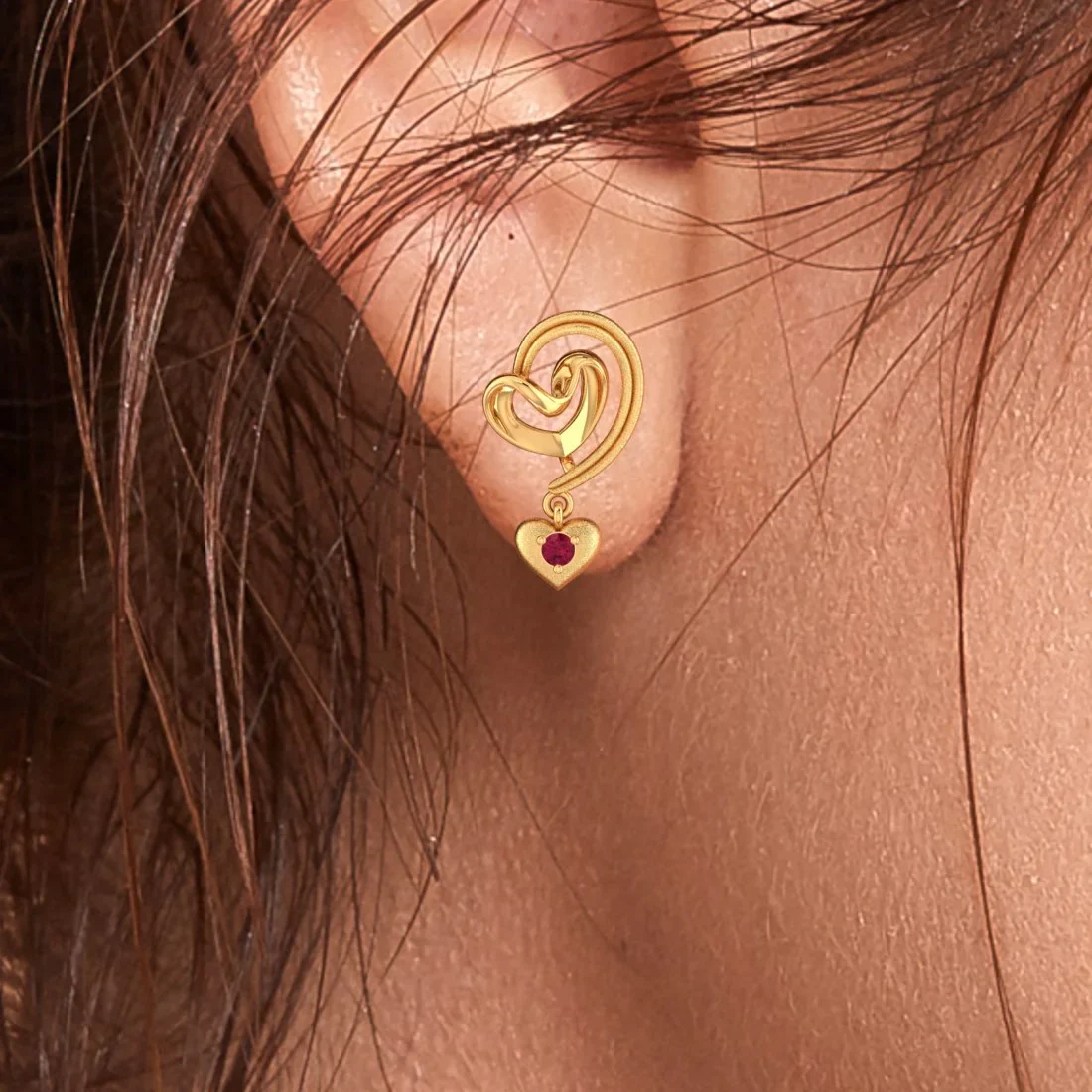 14k (585) Gold Earrings Swirling Design With Heart Shaped Dangles And Embedded Stones - Image 6