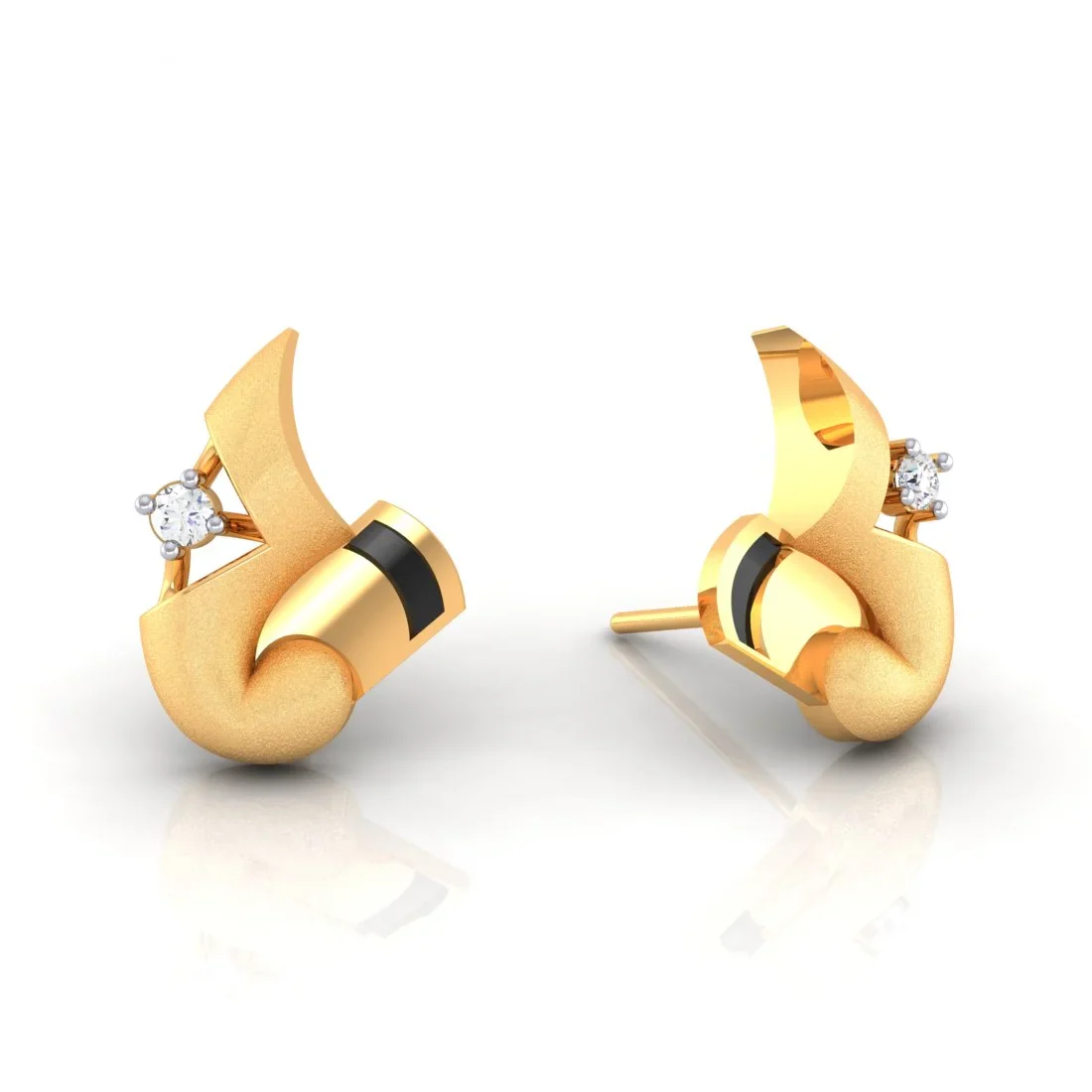 14k (585) Gold Earrings V Shaped Floral Studs With Black Meena And Embedded Stones - Image 2