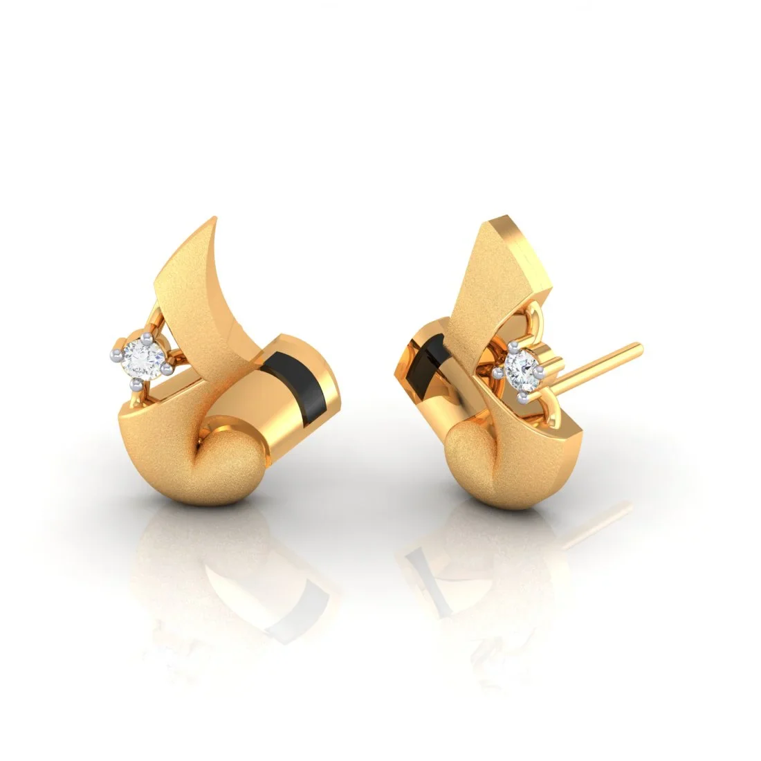 14k (585) Gold Earrings V Shaped Floral Studs With Black Meena And Embedded Stones - Image 3