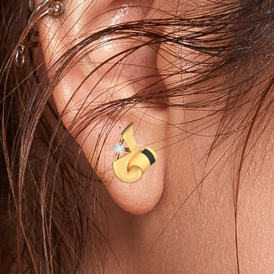 14k (585) Gold Earrings V Shaped Floral Studs With Black Meena And Embedded Stones - Image 5