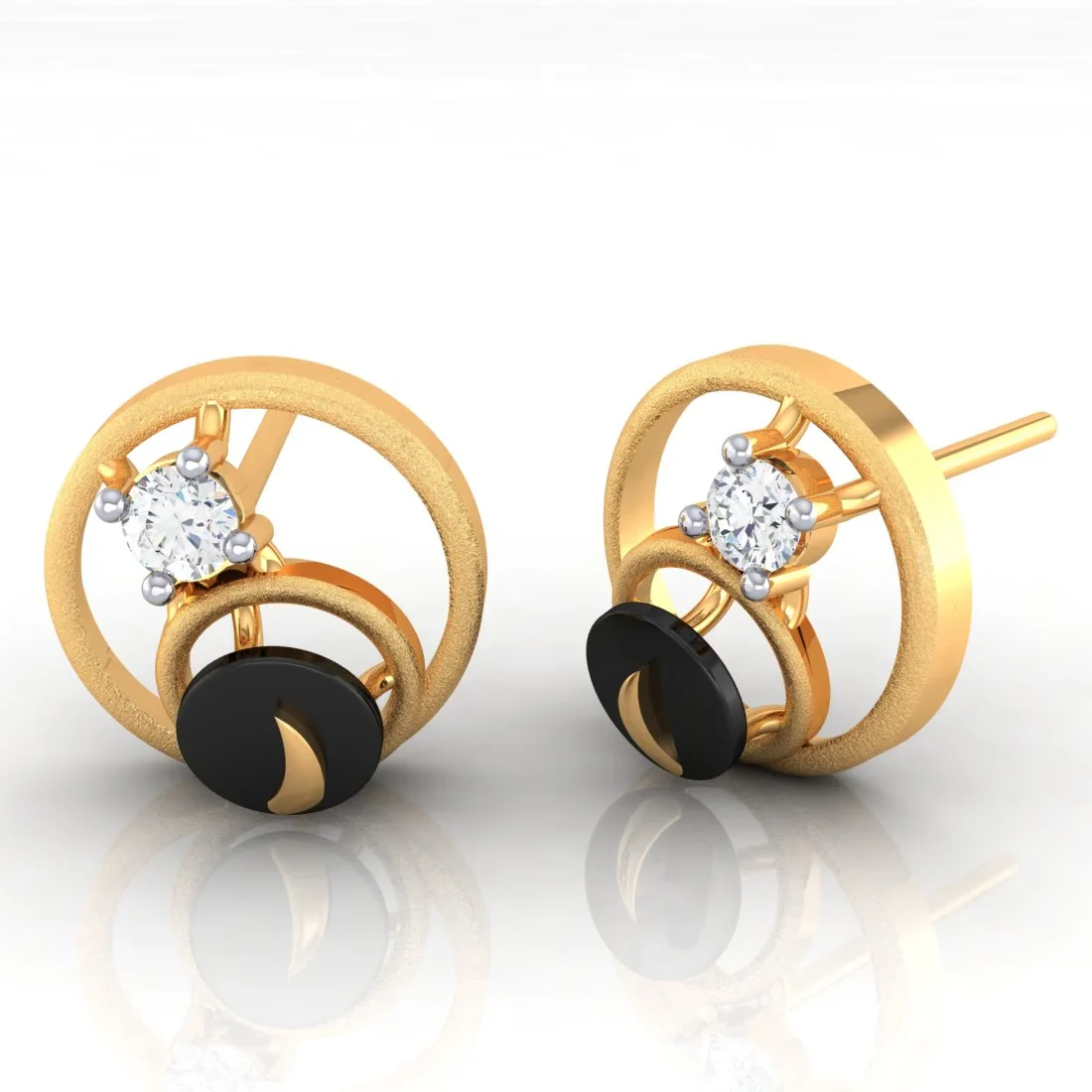 14k (585) Gold Earrings With Orbital Design And Black Meena - Image 3