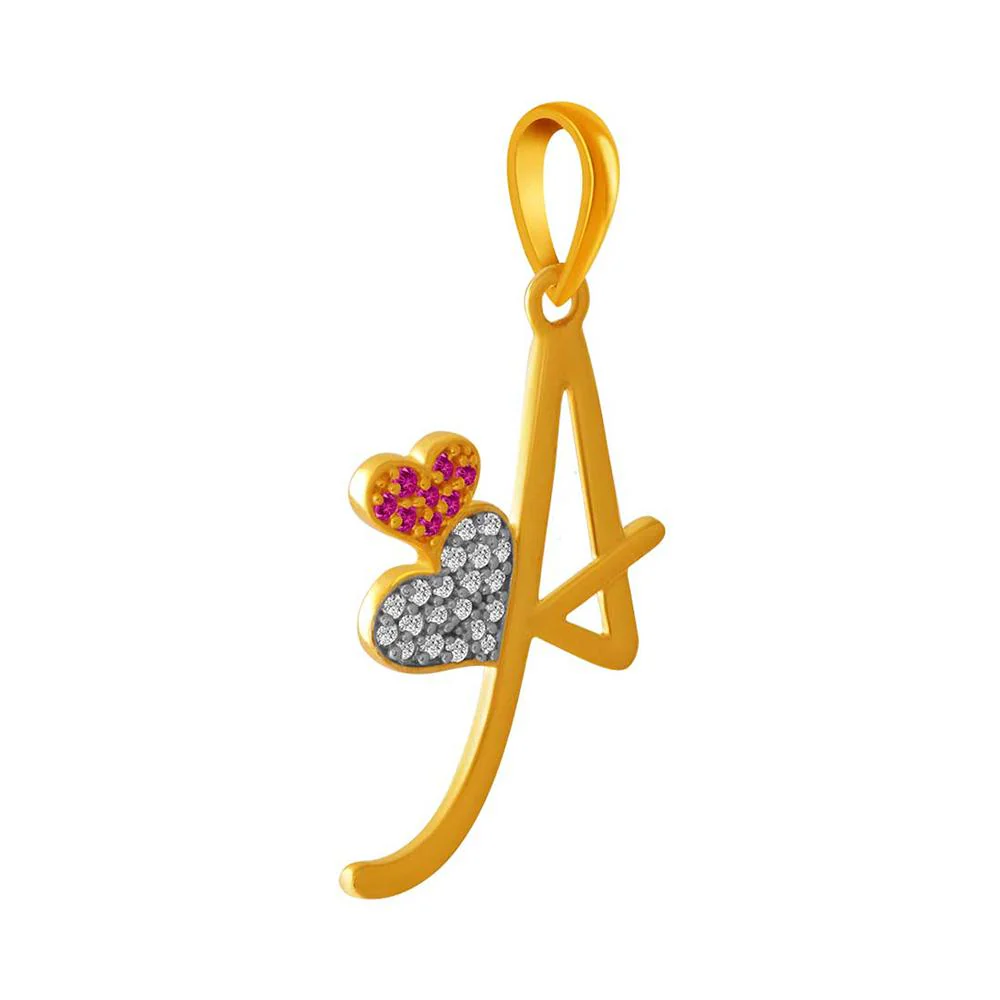 14k 'a' Letter Double Hearts Gold  Pendent With Purple Stone - Image 2