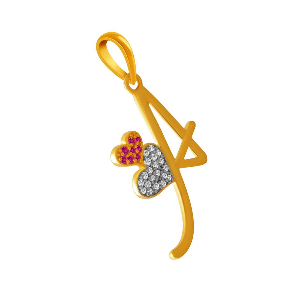 14k 'a' Letter Double Hearts Gold  Pendent With Purple Stone - Image 3