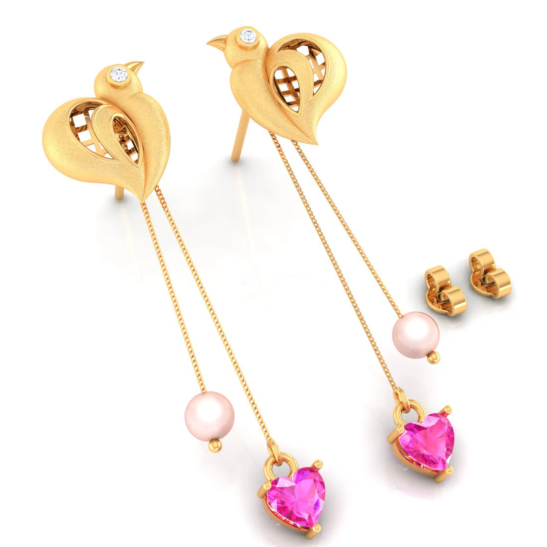 14k Bird And Pink Hearts And Pearls Gold Earrings - Image 4