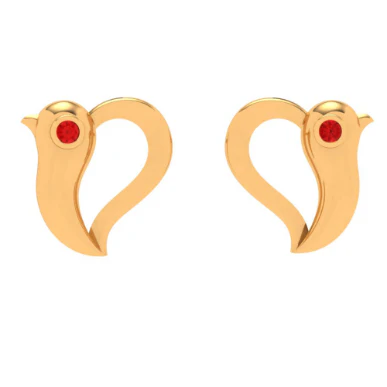 14k Bird Themed Red Stone Studded Yellow Gold Earring