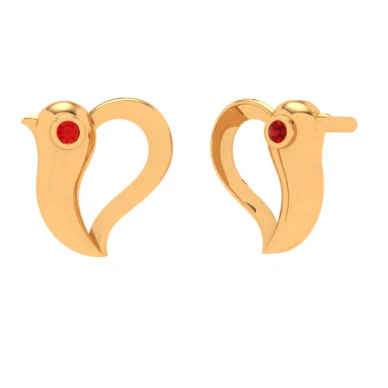 14k Bird Themed Red Stone Studded Yellow Gold Earring - Image 2