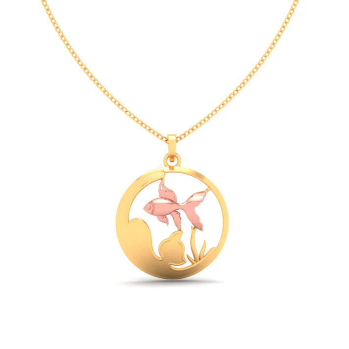 14k Circular Shape Fishbowl Shape Gold Pendant With A Yellow Gold Fish From Amazea Collection - Image 4