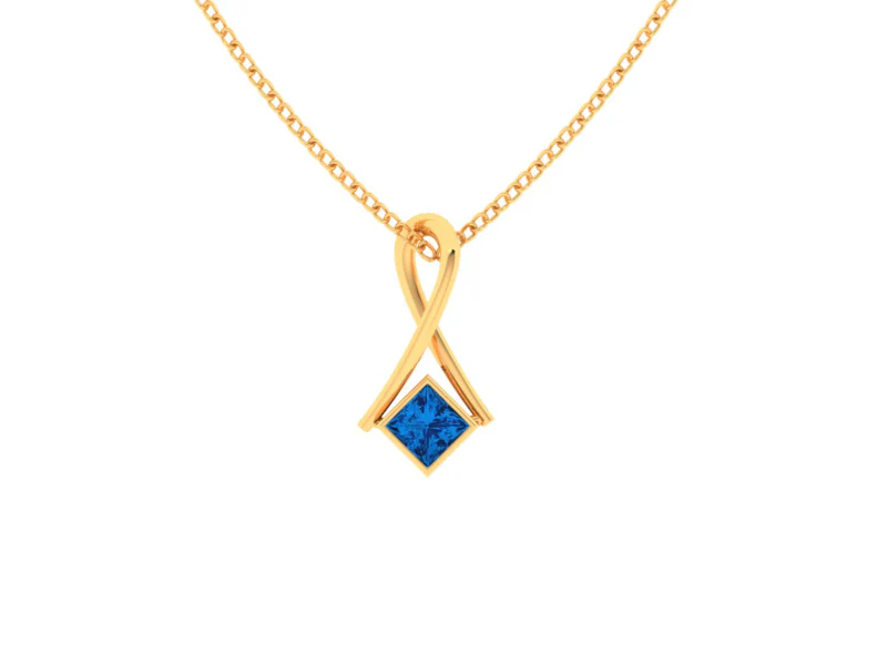 14k Curved Gold Pendant With Blue Stone