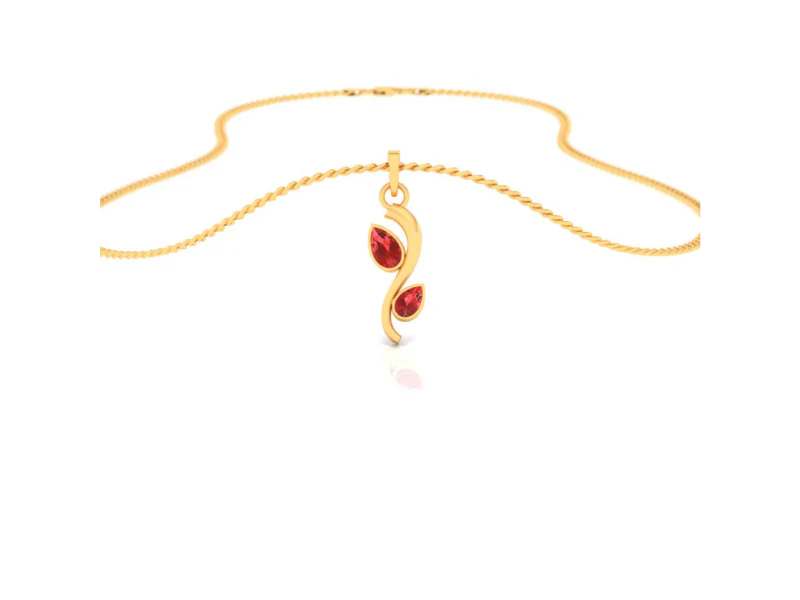 14k Curved Gold Pendant With Leaf Shape Red Stones - Image 3