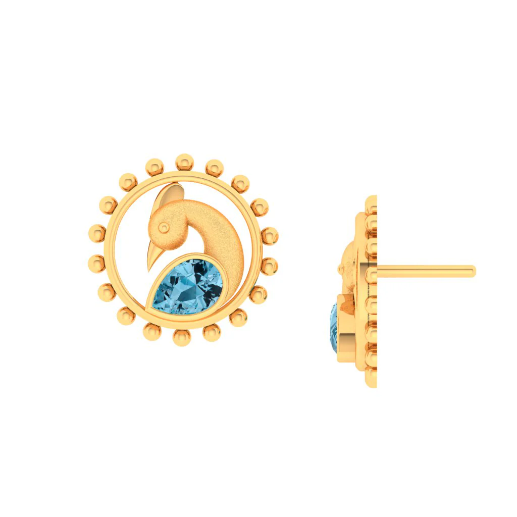 14k Cute Peacock Shaped Gold Stud Earrings With Blue Stone - Image 2