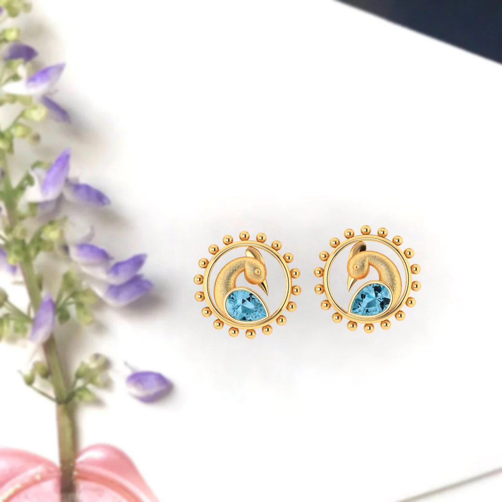 14k Cute Peacock Shaped Gold Stud Earrings With Blue Stone - Image 6