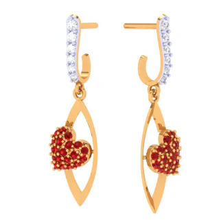 14k Diamond Embossed Red Stone Studded Yellow Gold Earring - Image 3