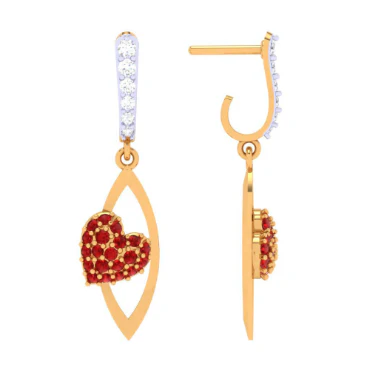 14k Diamond Embossed Red Stone Studded Yellow Gold Earring - Image 5