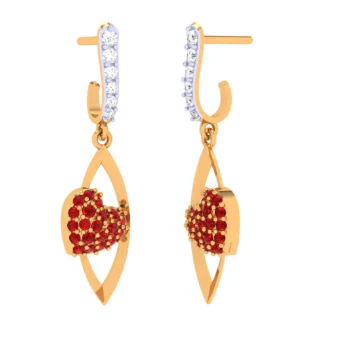14k Diamond Embossed Red Stone Studded Yellow Gold Earring - Image 6