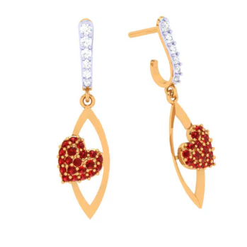 14k Diamond Embossed Red Stone Studded Yellow Gold Earring - Image 7