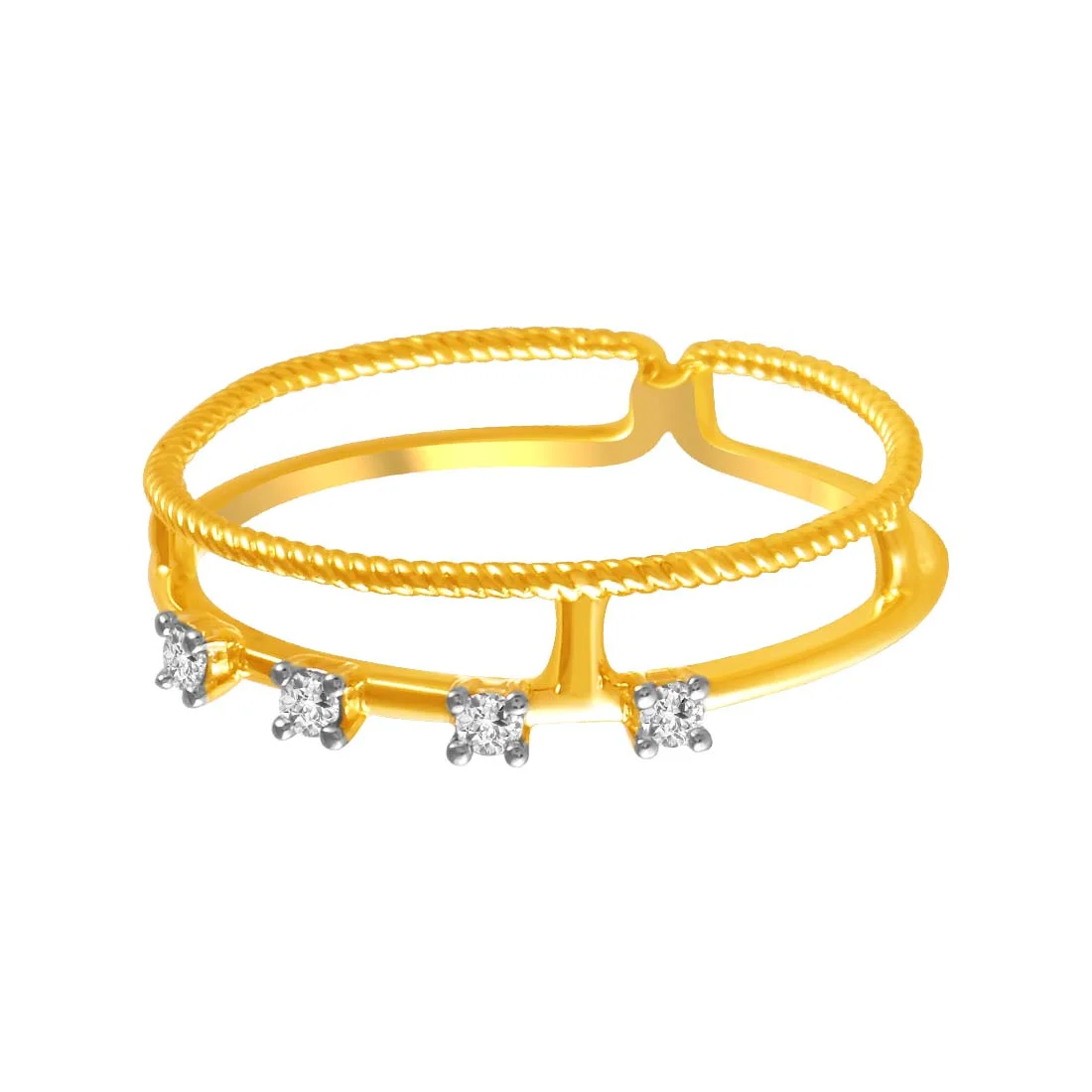 14K Diamond-studded Gold Ring With A Double-band Design And A Twisted, Rope-like Band Overlapping A Plain Band - Image 3