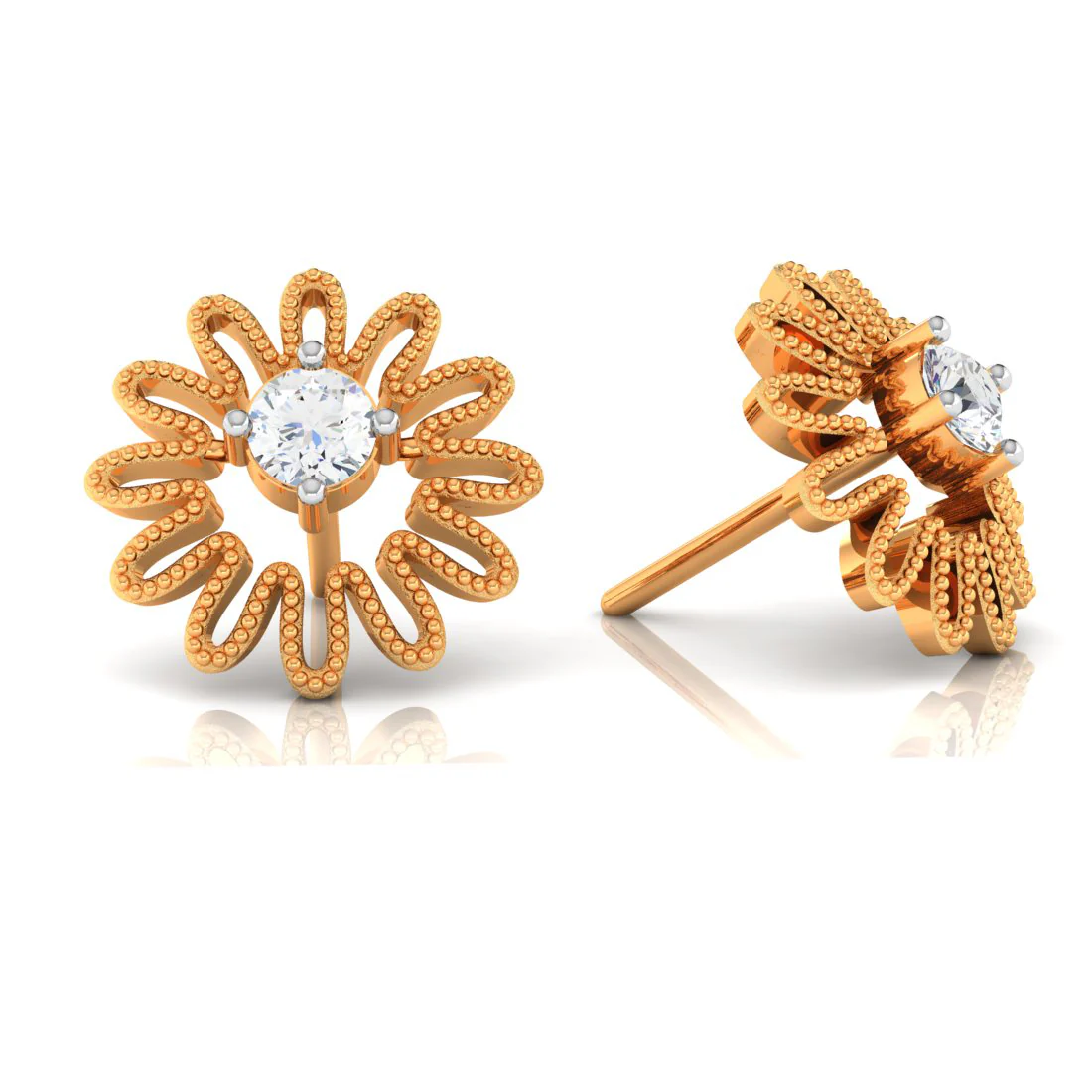 14k Elegant Floral Gold American Diamond Earrings - Image 3