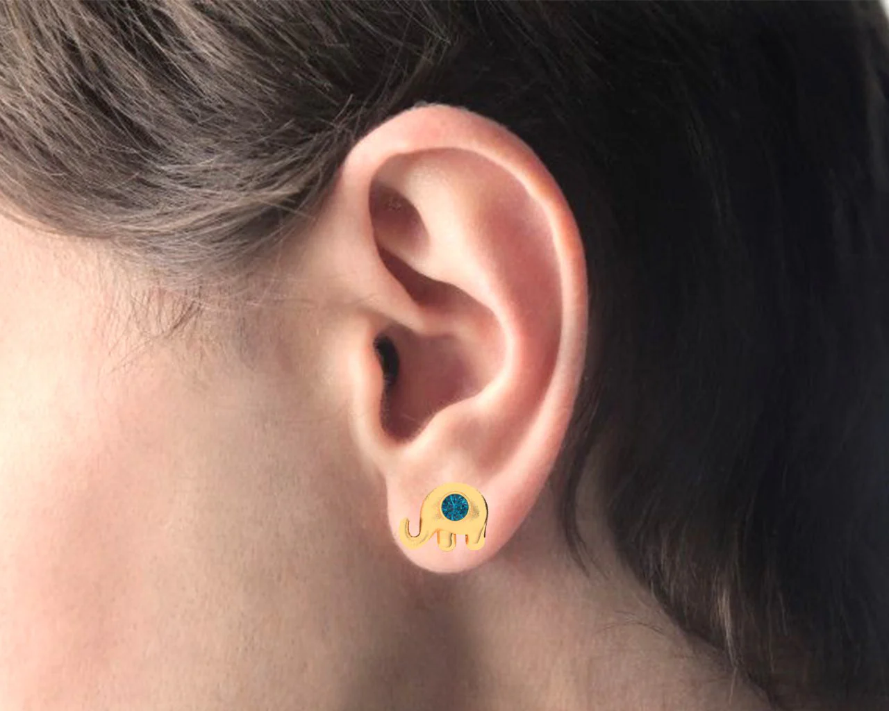 14k Elephant Shaped Gold Earrings With Blue Stone - Image 4