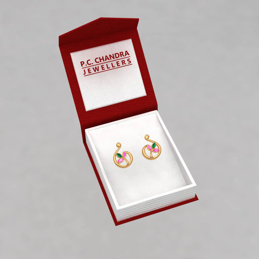 14k Exquisite Leafy Gold Stud Earrings With Multi-coloured Stones - Image 5
