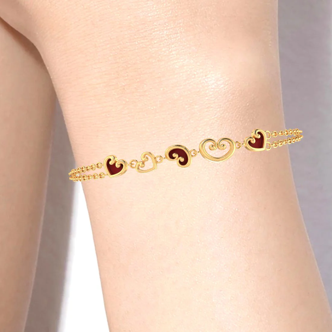14k Filled Multiple Maroon Hearts Gold Bracelet - Image 6