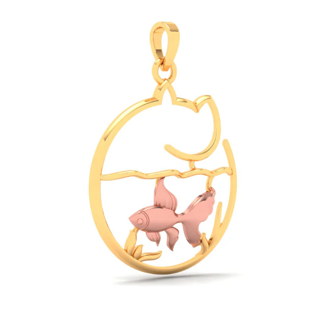14k Fish Bowl Shape Gold Pendant With A Yellow Goldfish And A Cat - Image 2