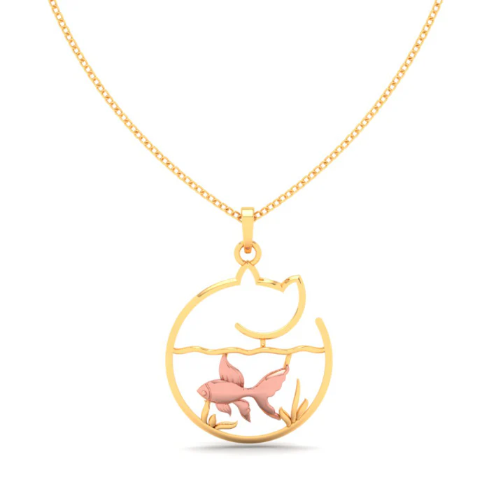 14k Fish Bowl Shape Gold Pendant With A Yellow Goldfish And A Cat - Image 4