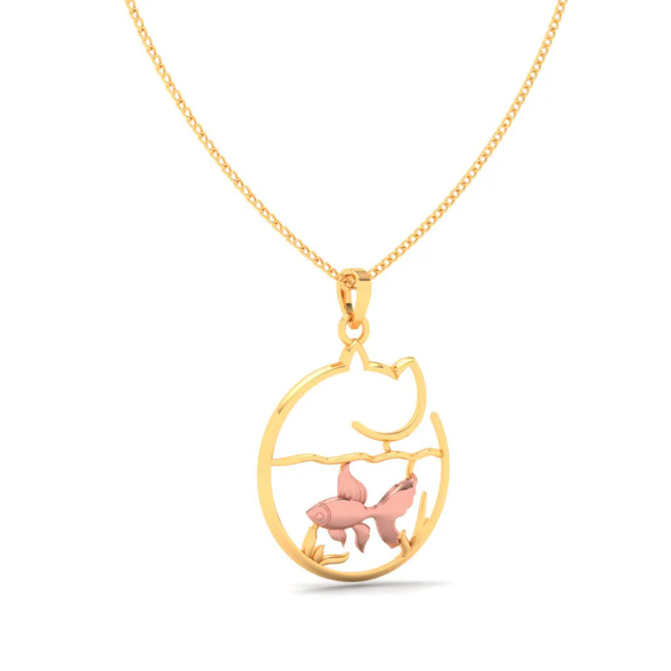 14k Fish Bowl Shape Gold Pendant With A Yellow Goldfish And A Cat - Image 5