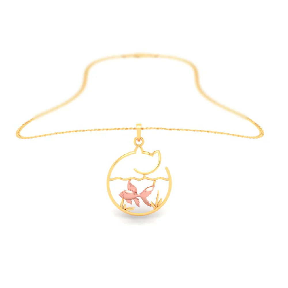 14k Fish Bowl Shape Gold Pendant With A Yellow Goldfish And A Cat - Image 6
