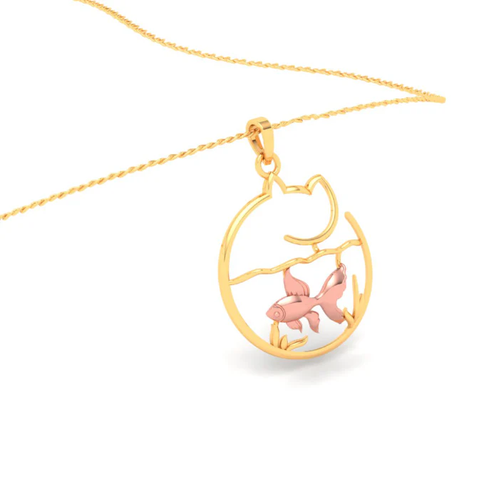 14k Fish Bowl Shape Gold Pendant With A Yellow Goldfish And A Cat - Image 7