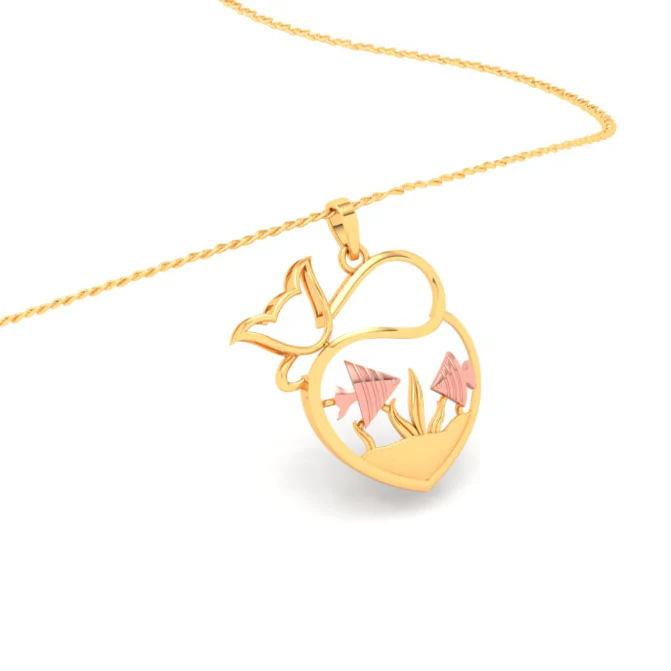 14k Fish Bowl Shape Gold Pendant With Yellow Gold Fishes And Cat From Amazea Collection - Image 7