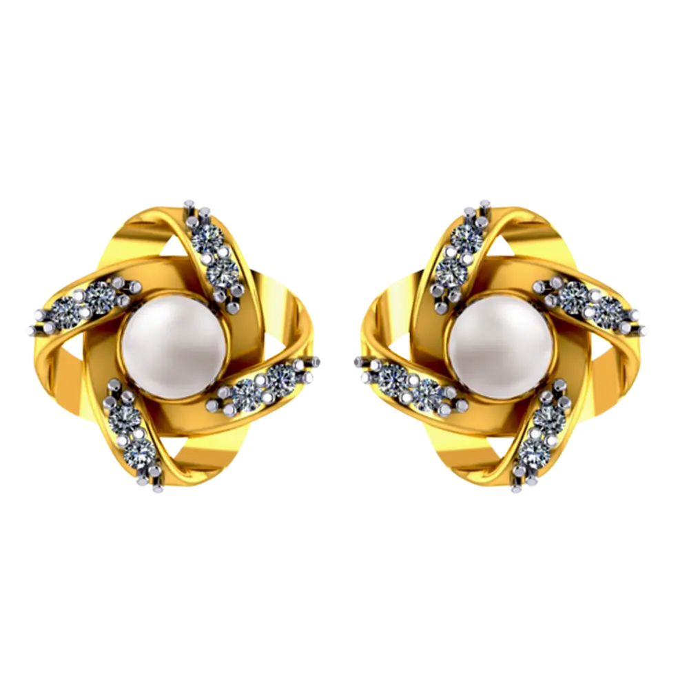 14k Floral 3d Gold Earrings With Pearl And Stone Design